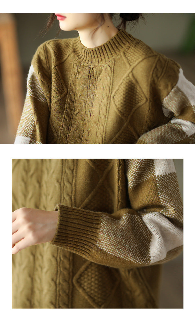 Pull tridimensionnel rétro en tricot jacquard épais avec blocs de couleurs