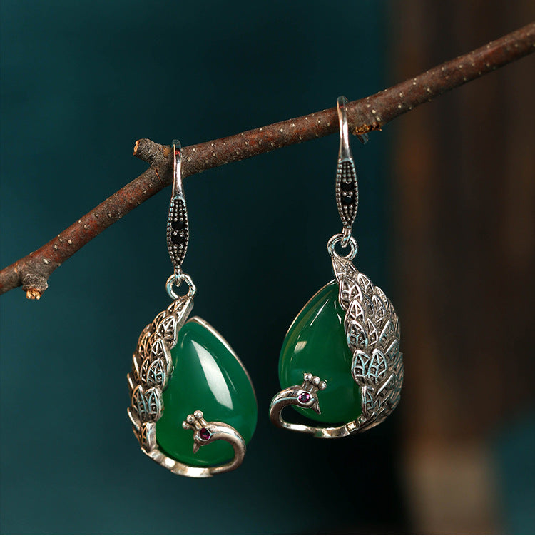 Court Style Inlaid Natural Emerald Peacock Vintage Earrings