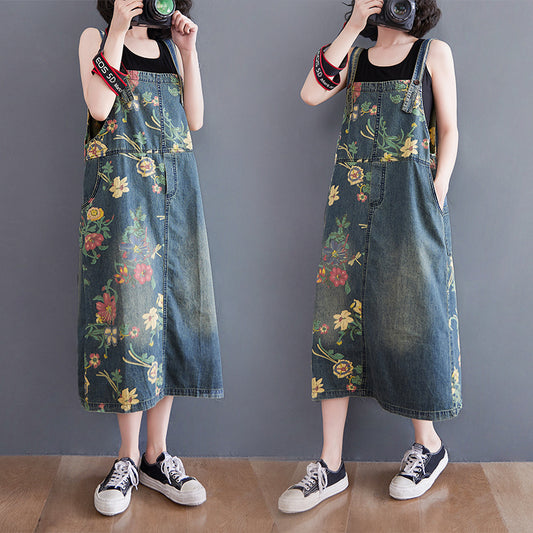 Vintage Print Loose Mid-Length Denim Suspender Skirt