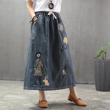 Art Embroidered Denim Patch Vintage Skirt