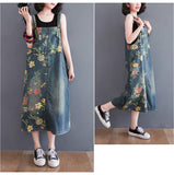 Vintage Print Loose Mid-Length Denim Suspender Skirt