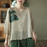 Vintage Ink Print Fine Ramie Doll Sleeve T-Shirt