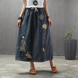 Art Embroidered Denim Patch Vintage Skirt