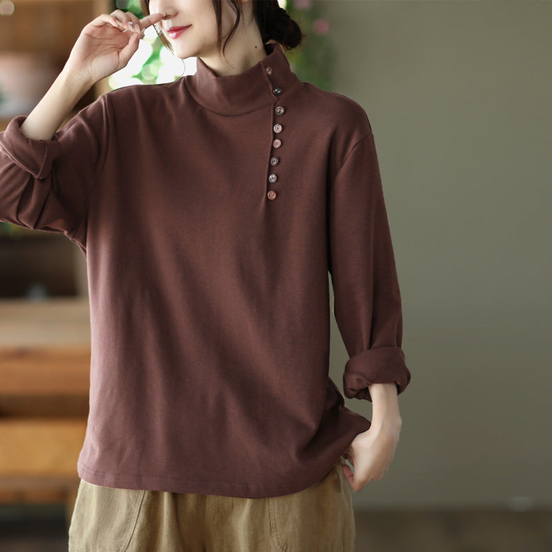 Vintage Cotton Loose Solid Long Sleeve Top