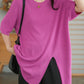Loose And Slim Round Neck Slit Mid-Length Knitted T-Shirt
