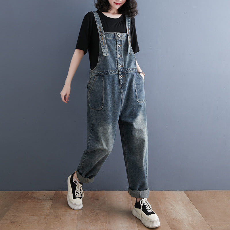 Loose Large Size Single-Breasted Age-Reducing One-Piece Denim Overalls