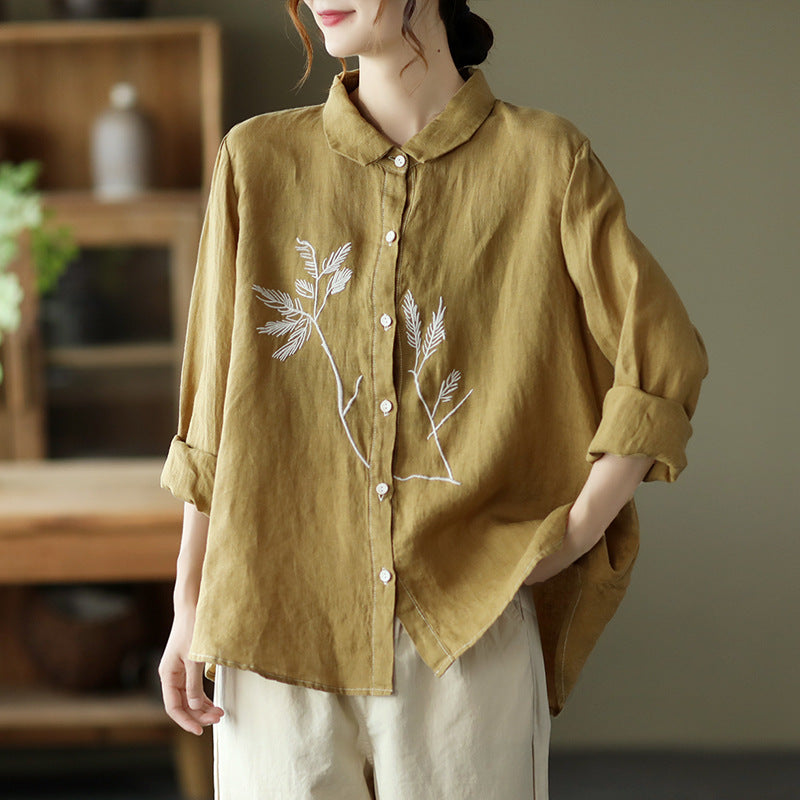 Vintage Lapel Embroidered Linen Shirt – Jverny