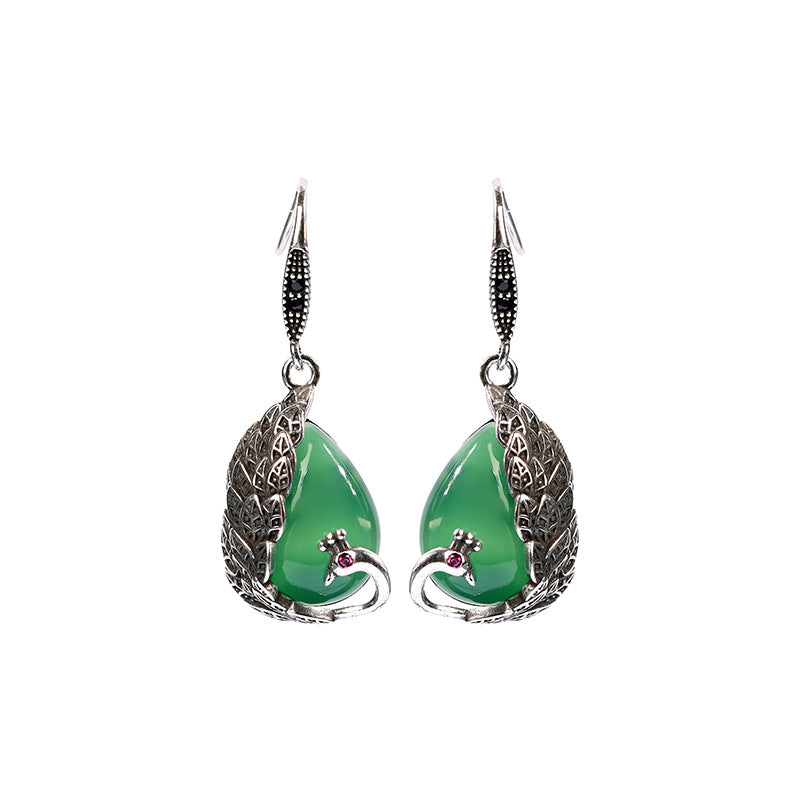 Court Style Inlaid Natural Emerald Peacock Vintage Earrings