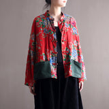 Vintage Blouse Stand Collar Large Flower Long-Sleeved Jacket