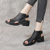 Summer New Leather Retro Mid Heel Soft Sole Fish Mouth Casual Shoes