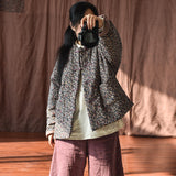 Vintage Floral Disc Button Cotton Linen Cardigan Stand Collar Jacket