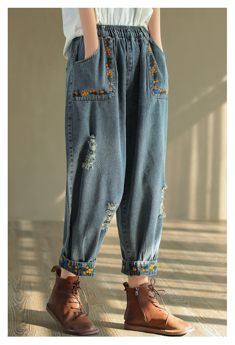 Vintage Ripped Embroidered Denim Harem Pants