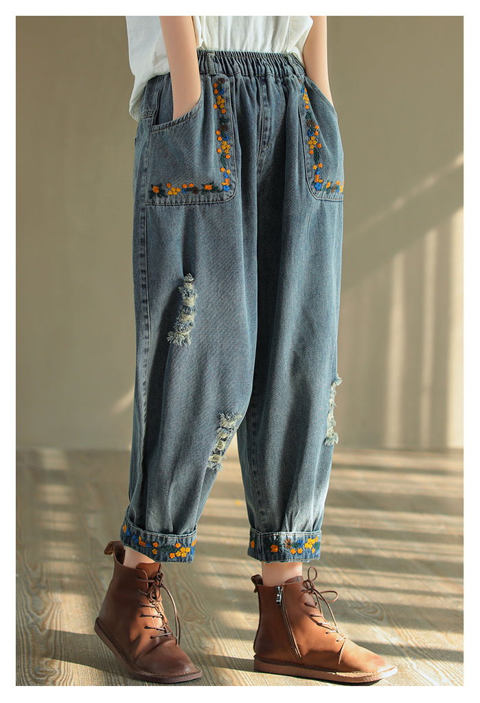 Vintage Ripped Embroidered Denim Harem Pants – Jverny