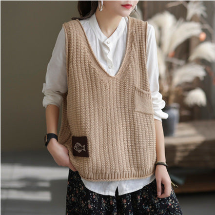 Gilet avec poche tricoté Vintage pour femme, hiver