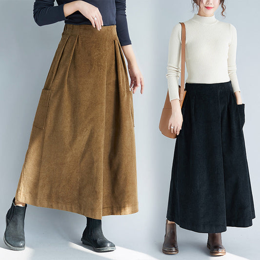 All-Match Corduroy Literary Retro Slimming Wide-Leg Pants With Large Pockets