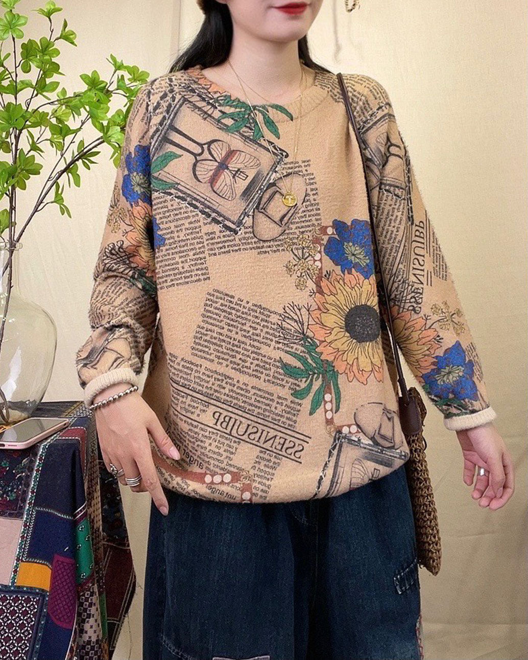 Art Retro Loose Print Mink Fleece Sweater