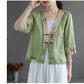 Retro Button Embroidered Ramie Cardigan 3/4 Sleeve Top