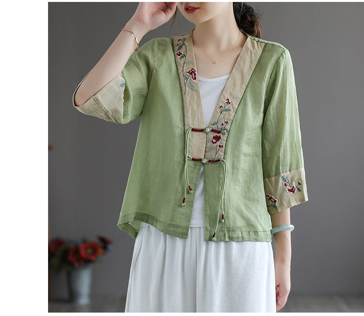 Retro Button Embroidered Ramie Cardigan 3/4 Sleeve Top