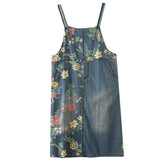 Vintage Print Loose Mid-Length Denim Suspender Skirt