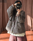 Vintage Floral Disc Button Cotton Linen Cardigan Stand Collar Jacket