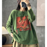 Literary Retro Round Neck Loose Printed Patch T-Shirt