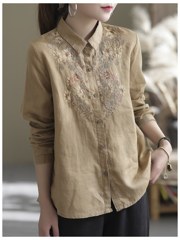 Art Linen Casual Embroidery Long Sleeve Vintage Lapel Shirt