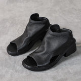 Summer New Leather Retro Mid Heel Soft Sole Fish Mouth Casual Shoes