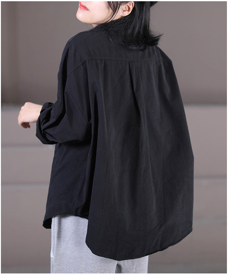 Large Size Literary Double Pocket Button Lapel Long-Sleeved Shirt