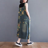 Vintage Print Loose Mid-Length Denim Suspender Skirt