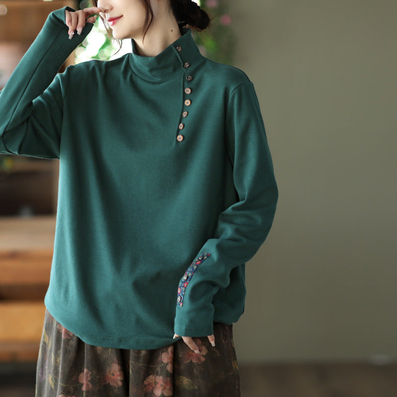 Vintage Cotton Loose Solid Long Sleeve Top