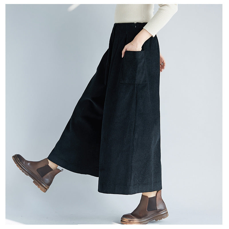 All-Match Corduroy Literary Retro Slimming Wide-Leg Pants With Large Pockets