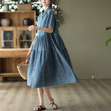 Vintage Lapel Cotton High Waist Stitching Slim Dress