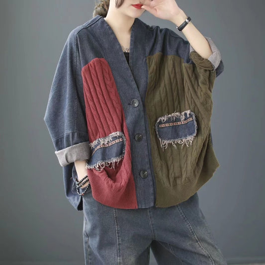 Veste en jean délavé contrasté vintage à panneaux
