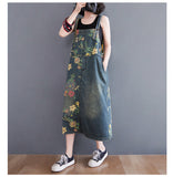 Vintage Print Loose Mid-Length Denim Suspender Skirt