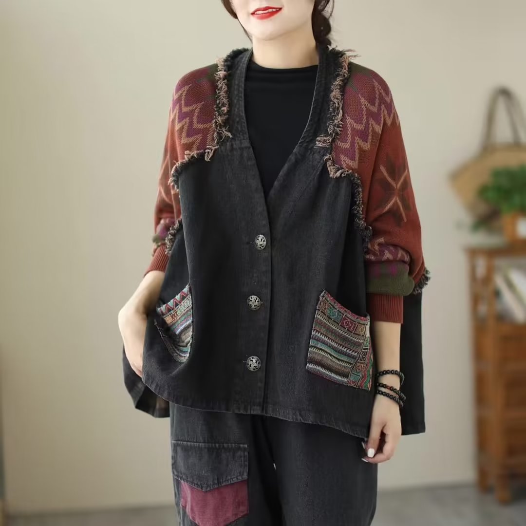 Vintage Distressed Doll Sleeve Denim Knit Colorblock Jacket