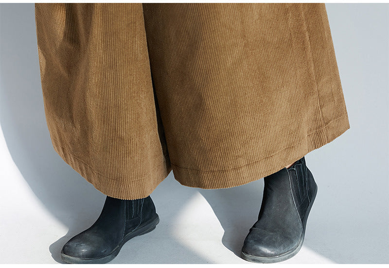 Pantalon à jambes larges amincissant rétro littéraire en velours côtelé assorti avec de grandes poches