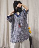 Cotton and Linen Large V-Neck Literary Print Ramie Casual Top