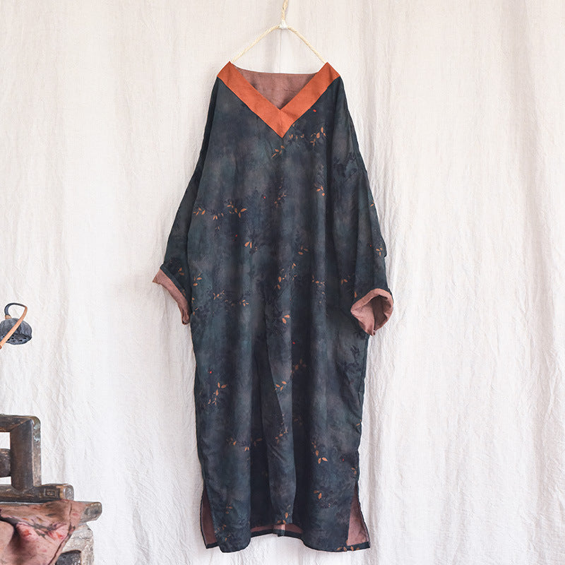 Linen Printing Process Retro V-Neck Plus Size Dress