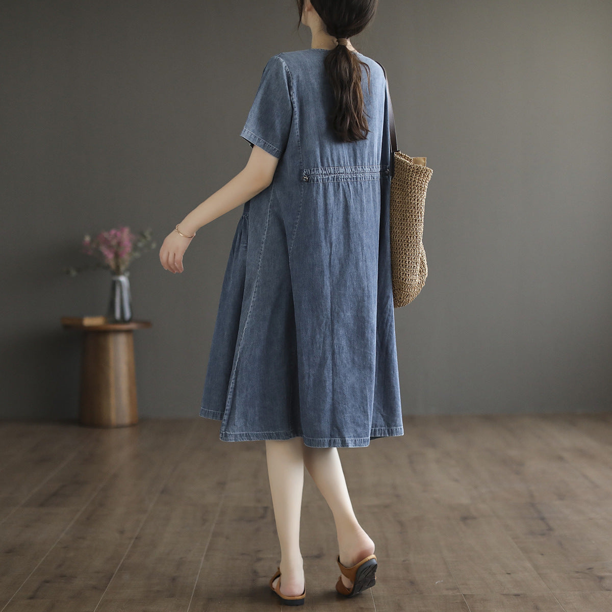 Literary Tencel Denim Mid Length Short Sleeve Dress