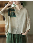 Vintage Ink Print Fine Ramie Doll Sleeve T-Shirt