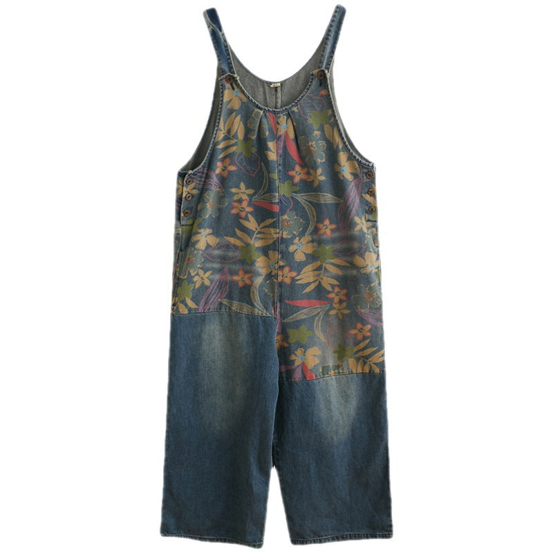 Large Size Loose Retro Casual Stitching Pattern Denim Overalls
