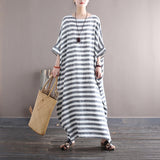 Striped Retro Literary Distressed Washed Loose Plus Size Dress