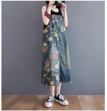 Vintage Print Loose Mid-Length Denim Suspender Skirt
