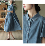 Vintage Lapel Cotton High Waist Stitching Slim Dress