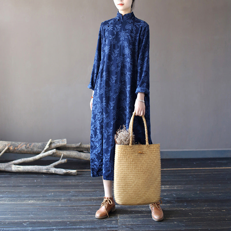 Autumn Stand-Up Collar Button Retro Long-Sleeved Loose Dress