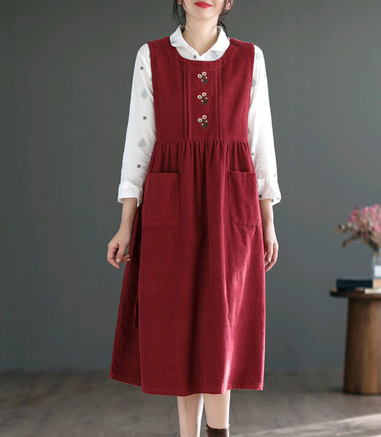 Loose And Slim All-Match Corduroy Embroidered Dress