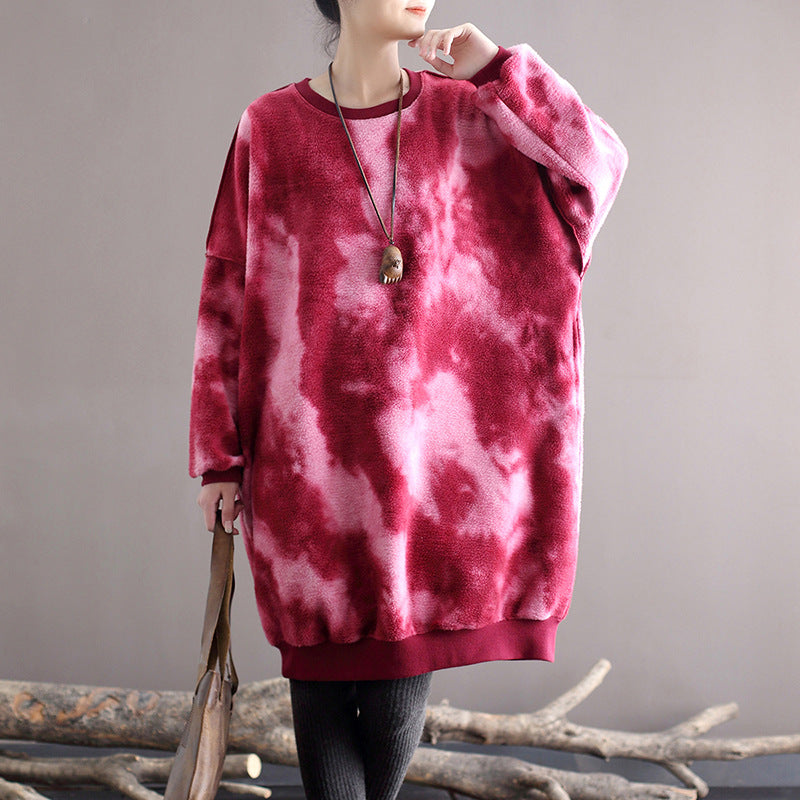 Retro Literary Thick Round Neck Mid-Length Sweater Tie-Dye Long Top