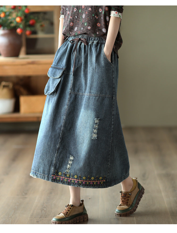 Vintage Embroidered Ripped Denim Slim A-Line Skirt