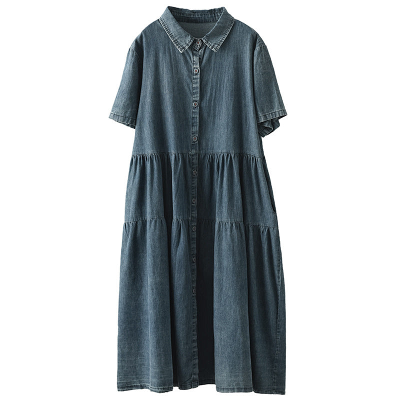 Vintage Lapel Cotton High Waist Stitching Slim Dress