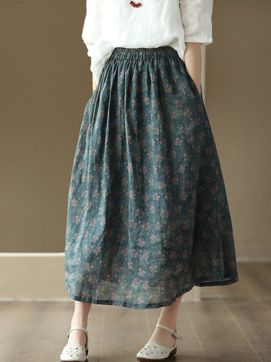Vintage Ramie Printed Skirt Women'S Swing Skirt